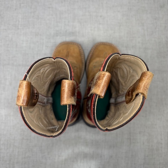 Old West Square Toe Cowboy Boots Red Brown Leather Pull On Kids Size 9 - Picture 6 of 11